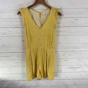 Old Navy Linen Blend Romper Shorts Sz Small Yellow Floral  V-Neck Pockets - Picture 1 of 7