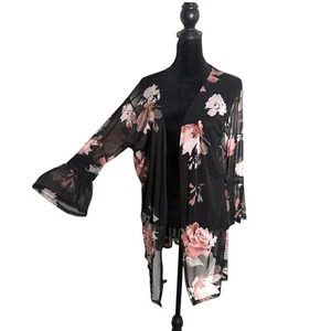 Moral Fiber Kimono Floral Bell Sleeve Sheer Cover Up Black Women M Romantic BOHO - Picture 1 of 11