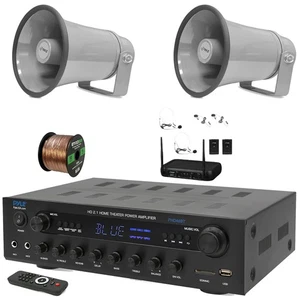 Receptor doméstico Pyle PHDA6BT 400W, 2x altavoces de bocina PA de 8,1"", sistema de micrófono VHF - Imagen 1 de 5
