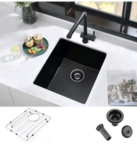 17" Black Undermount Motor Home Bar Kitchen Sink Quartz Bottom Grid 17x17x10 - Picture 1 of 9