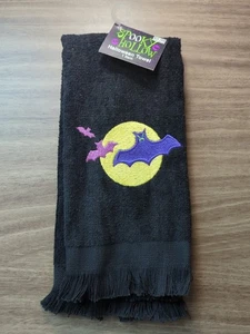 Vintage 2001 Spooky Hollow Halloween Handtuch Fledermäuse Mond bestickt schwarz Fransen - Bild 1 von 5
