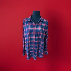 Hollister Boyfriend Fit Woman’s Plaid Flannel Blue Red SZ Lg - Picture 1 of 10