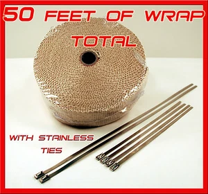 Tan Exhaust / Header Wrap Roll 1/16"x2"x50' w/ Stainless Ties for high temp pipe - Picture 1 of 3