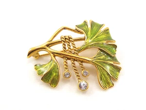Joan Rivers signierte Anstecknadel Brosche Emaille Gingko Biloba Blätter mit Strass - Bild 1 von 11