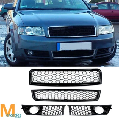 Honeycomb Front Bumpe Grille+Fog Light Grill Fit For 2002-2005 Audi A4 B6 Sedan - Image 1 of 4