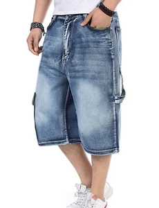 Men's Loose Hip Hop Cropped Jeans Work Denim Shorts with Cargo Pockets - Picture 1 of 35