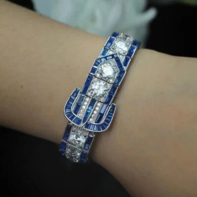 Lab Created Diamond & Sapphire 14K White Gold Plated Women's Antique Bracelets - Image 1 of 4