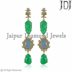 Natural Diamante Baguette Esmeralda Ópalo Pendientes 14k Oro Amarillo Día Regalo - Imagen 1 de 4