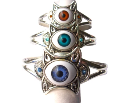 Eye Catching Evil Eye Bangle in Blue Brown Quirky Boho Charm Indie Bangle Unisex - Image 1 of 4