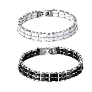 11MM Wide Double Layer Stainless Steel Ceramic Link Chain Bangle Bracelet US - Picture 1 of 24