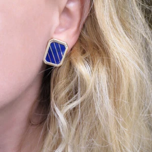 Estate Lapis Lazuli Rectangular Earrings in 14k Yellow Gold - Picture 1 of 9