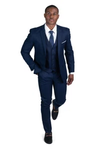 Slim Fit Navy Blue Suit Micro Textured 2 Button Notch Lapel Vest Option AZAR 118 - Picture 1 of 24