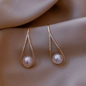 10K Yellow Gold With Simulated Pearl & Moissanite Women's Drop Wedding Earrings - Picture 1 of 4