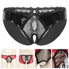 Mens Sheer Lace Patchwork Open Crotch Briefs Bowknot Leather Panties Underwear