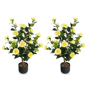 2er Pack 38" Faux Kamelienbaum Künstliche Blumen Pflanze für Dekoration Gelb - Bild 1 von 8