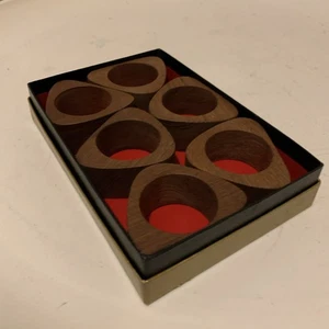Vtg Teak Wood Napkin Ring Holders Set of 6 Triangle MCM Mid Century W/ Box - Picture 1 of 8