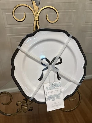 Shabby Chic Black & White Coquette Ribbon Bows 8.5" Salad Plates (SET OF 4) NEW - Image 1 of 4