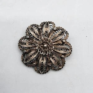 Bijou broche en argent massif 935 filigrane formant fleur XXème - Imagen 1 de 6