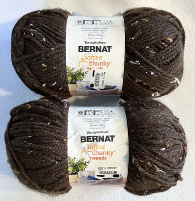 BERNAT Softee Chunky Tweeds Lot Of 2 Chocolate Tweed YARN Skeins NEW 10.5 Oz Ea - Image 1 of 4