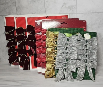 Lot Of New 74 Christmas Bows With Wire Edge Red Velvet, Red, Silver, Gold - Image 1 of 4