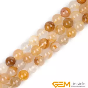 Natural Yellow Rutilated Quartz Gemstone Round Loose Beads Jewelry Making 15" - Picture 1 of 29