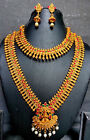 Indian Necklace Earrings 12" Long Choker Long Temple Gold Plated Cz Set Jar294