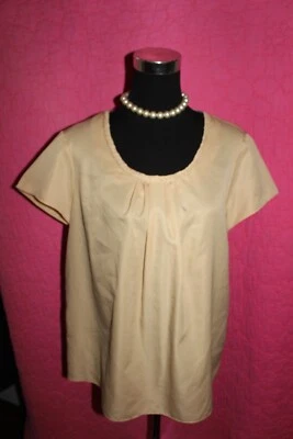 JONES WEAR Yellow Gold Chiffon Short Sleeve Blouse Sz 12 Pintuck Scoop Neck Top - Image 1 of 4
