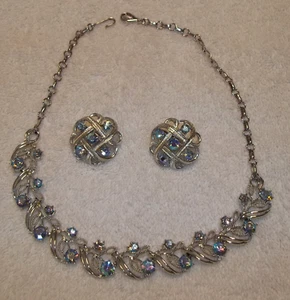 Vintage Coro AB Blue Rhinestone Silver Tone Flower Necklace & Clip Earrings Set - Picture 1 of 23
