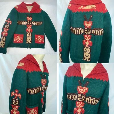 DE COLECCIÓN AÑOS 50 PARA HOMBRES CREMALLERA LANA COWICHAN SUÉTER TEJIDO A MANO NATIVO INDIO TÓTEM POLO CHAQUETA Foto 1 de 4