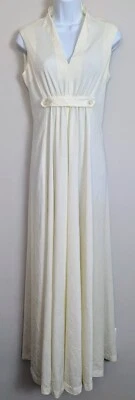 Vestido de anfitriona vintage de los años 70 hecho a mano marfil cintura imperio era espacial moda talla pequeña Foto 1 de 4
