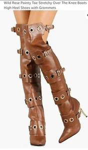 Wild Rose Cognac Over The Knee High Heels Stilettos Boots Gold Grommets Sz.6 New - Picture 1 of 12