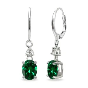 8x6mm Oval Simulated Emerald & White Topaz 925 Silver Dangle Leverback Earrings - Picture 1 of 4