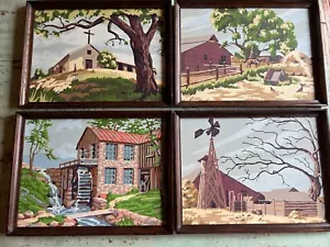 Set of 4 Vintage 50s 60s Paint By Number Barn Horse Windmill Water Wheel Church - Picture 1 of 10