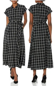 NWT CALVIN KLEIN Gauze Windowpane Midi Shirtdress Belted Short Sleeve Size 16 - Picture 1 of 12