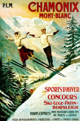 ALPS CHAMONIX MONT BLANC WINTER SPORTS SKI JUMPING SKIING VINTAGE POSTER REPRO - Image 1 of 3