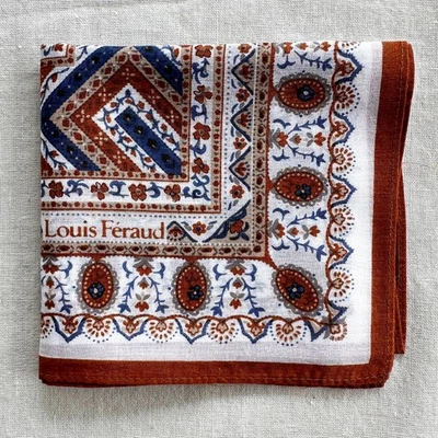 Vintage Handkerchief Cotton Orange Blue Paisley Flourish & Striped Art Hanky 17" - Image 1 of 3