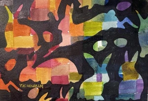 Pamela Wilhelm 5”x7” Original Art Whimsical Pastoral Patchwork Easter  Bunny - Picture 1 of 2