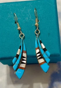 2” NAVAJO Sterling Silver Turquoise Coral Onyx Multi-stone Inlay 925 Earrings - Picture 1 of 4