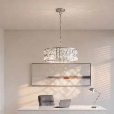 Candelabro de cristal moderno cromado 18" K9 redondo tambor pingente luminária de teto - Imagem 1 de 4