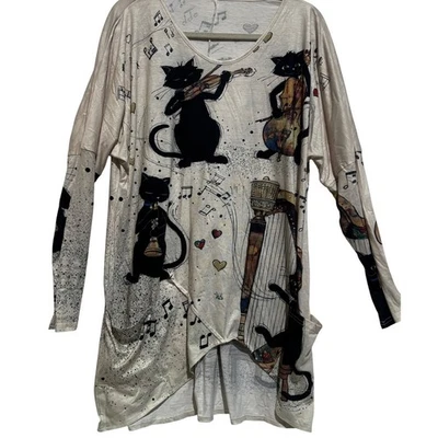 Womens 2XL Graphic Print Long Sleeve Tunic Top Cats Playing Music pockets comfy - Image 1 of 4