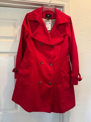 NWT H&M Red Knee Length Trench Coat Colorful Bright Warm Fun Womens Size 10 - Image 1 of 4
