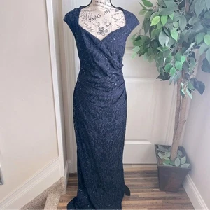 Lauren Ralph Lauren Abendkleid Spitze Pailletten Flügelärmel bodenlang marine Gr. 16 - Bild 1 von 16