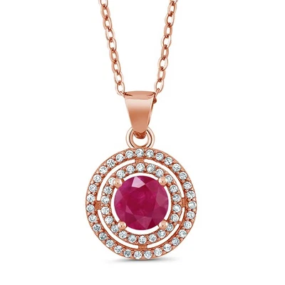 Colgante redondo de plata chapado en oro rosa de 18 quilates con cadena con rubí rojo de 1,64 quilates Foto 1 de 3