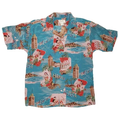 Avanti Aloha Greeting Hawaiian Shirt Mens Large Blue Teal 100% Silk Authentic - Image 1 of 4