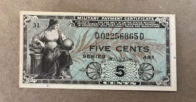 Series 482  Five cents , choice Uncirculat, Military payment certificate, scarce - Image 1 of 2
