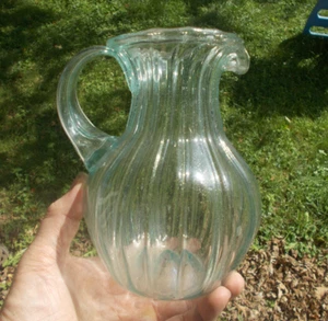 OPEN PONTIL RIBBED PATTERN MOLD BLOWN AQUA GLASS PITCHER HOLLOW APPLIED HANDLE - Picture 1 of 12