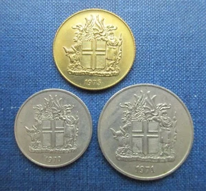 ICELAND LOT 3 COINS : 1, 5, 10 KRONUR 1970, 1971, 1975 SHORT TYPE SET - Picture 1 of 2