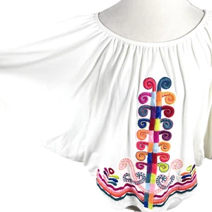 White Embroidered Latin Ethnic Boho Top Va Va Joy Han Oversized Stretch Size S - Bild 1 von 9