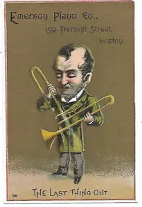 EMERSON PIANO CO. VICTORIAN TRADE CARD-BOSTON, MASS.- TROMBONE MAN - Picture 1 of 2