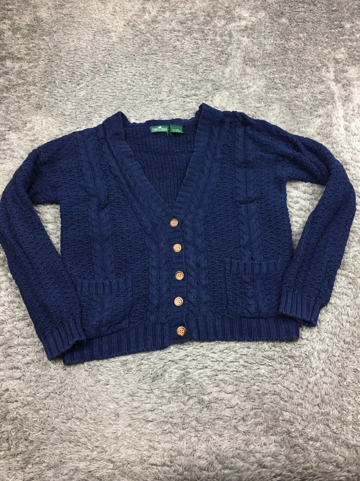Cárdigan suéter Cabin Creek para mujer talla pequeña azul lino algodón botón Foto 1 de 4